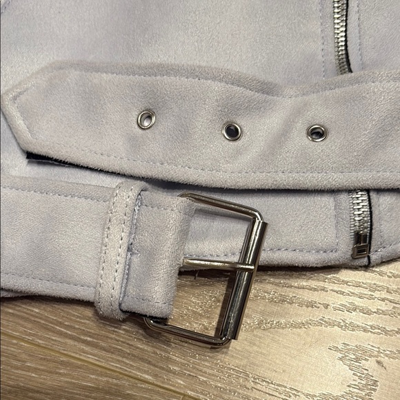 Blue Leather Moto Jacket Asymmetrical Zipper Belted Waist - Picture 2 of 9